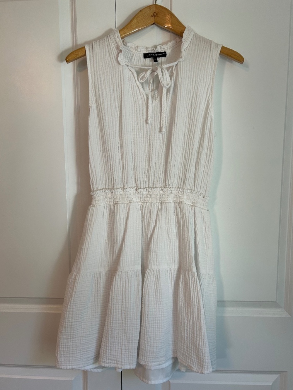 Coastal cottagecore white cotton crinkle gauze sleeveless tiered mini dress